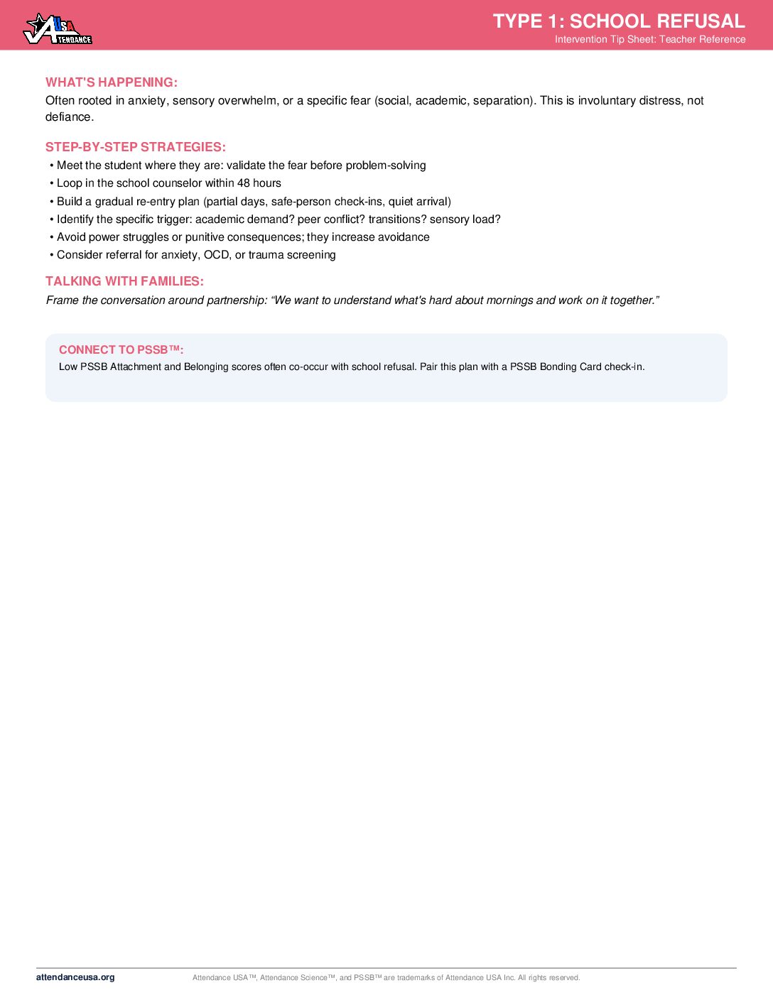 First page of the Attendance USA Intervention Tip Sheets (Item 10)