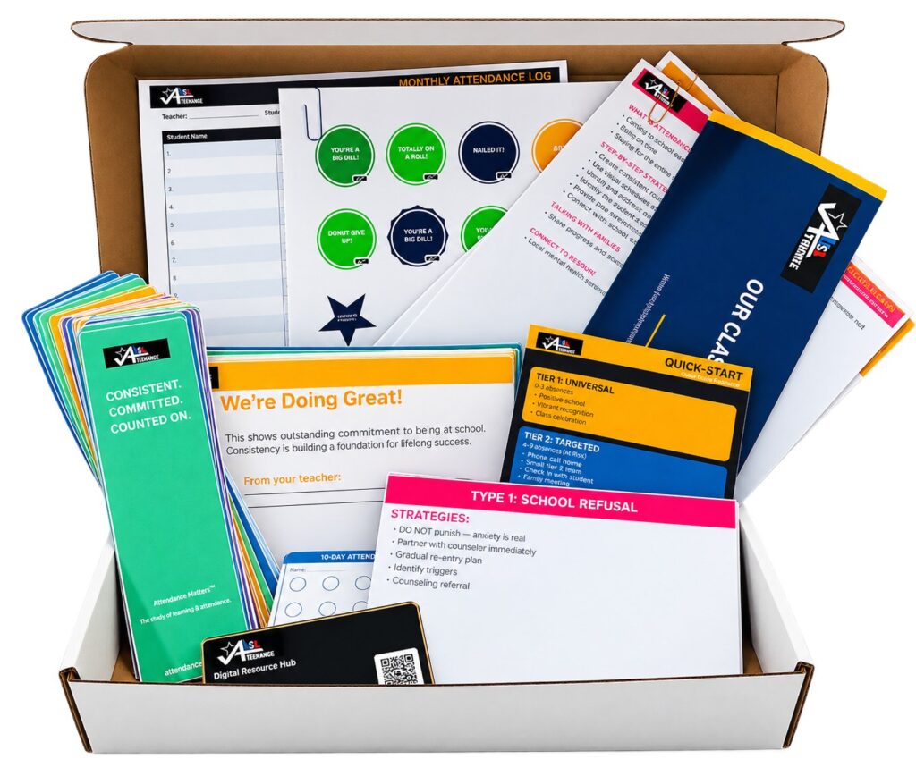 Attendance USA Attendance Kit: open box with bookmarks, punch cards, family postcards, tracker poster and laminated reference cards